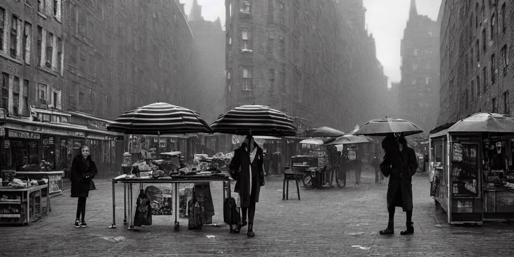 Prompt: medium shot of lonely market stall with umbrellas and sadie sink in hoodie. in ruined square, pedestrians on both sides. steampunk tenements in background : 3 5 mm film, anamorphic, from schindler's list by steven spielberg. cyberpunk, cinematic atmosphere, detailed and intricate, perfect anatomy