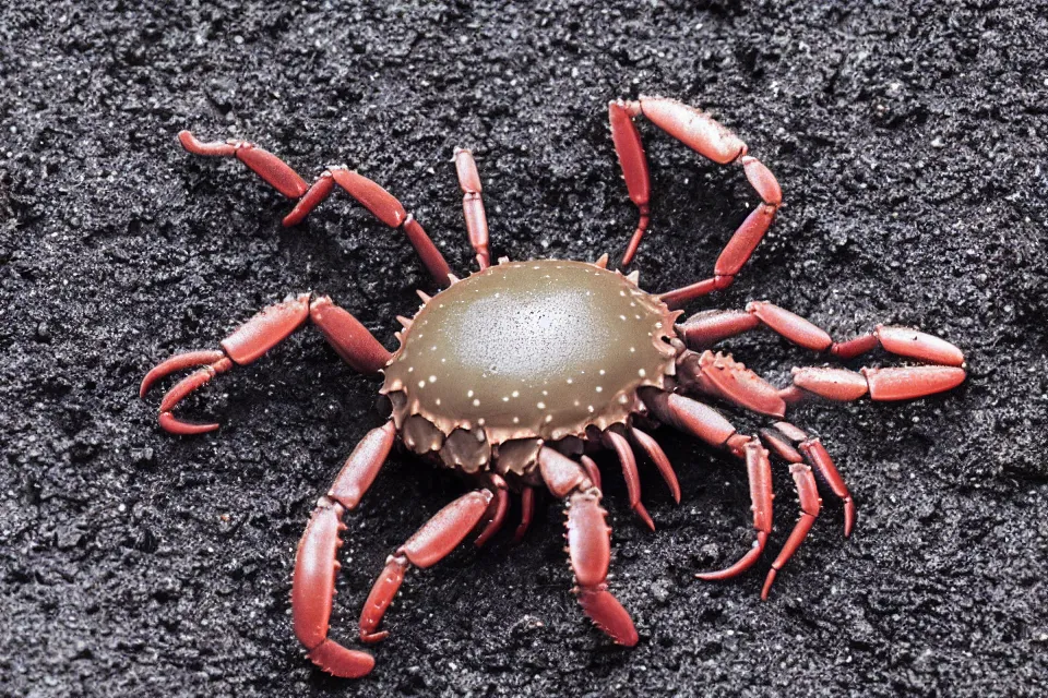 Image similar to scientific close-up of a slimy alien crab, nature photography, black sand, 4k, HD photography