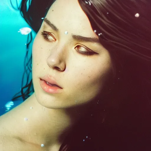 Prompt: Portrait photo of a woman under water, long dark hair, flowing hair, posed in profile, studio lighting, highly detailed, art by artgerm, cinestill 800t