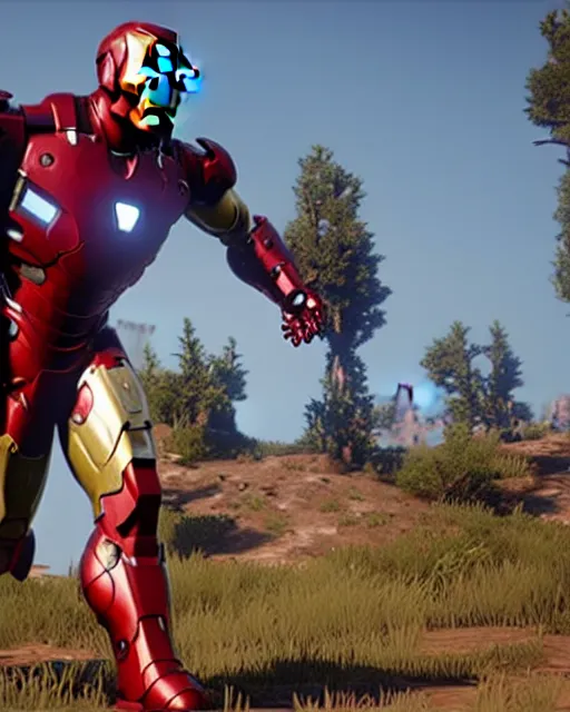 Image similar to robust, bulky and muscular iron man suit in red dead redemption 2, cinematic, photorealistic