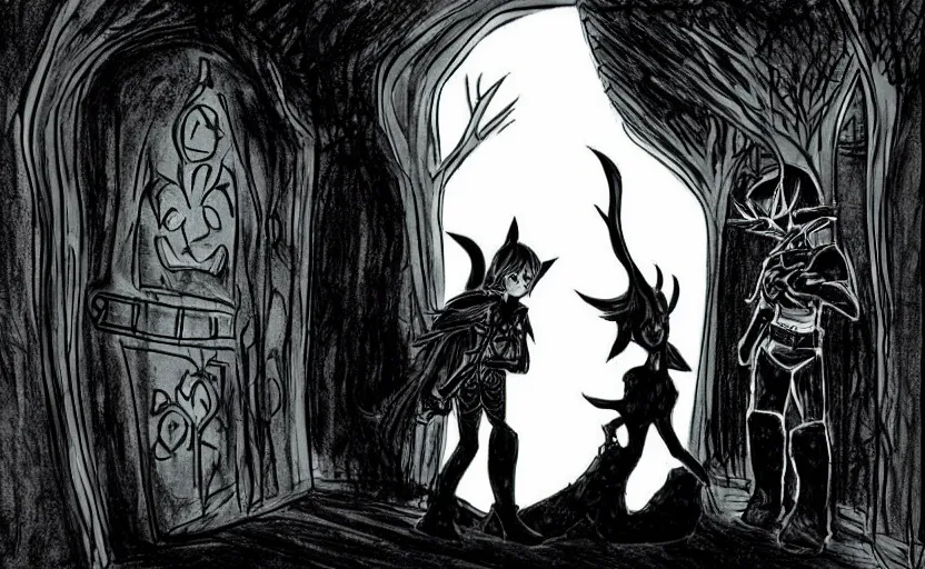 Prompt: link and midna from [ [ [ [ [ zelda ] ] ] ] ] talking to an inhuman guard in a dark corridor, drawn in the over the garden wall style, creepy shadows