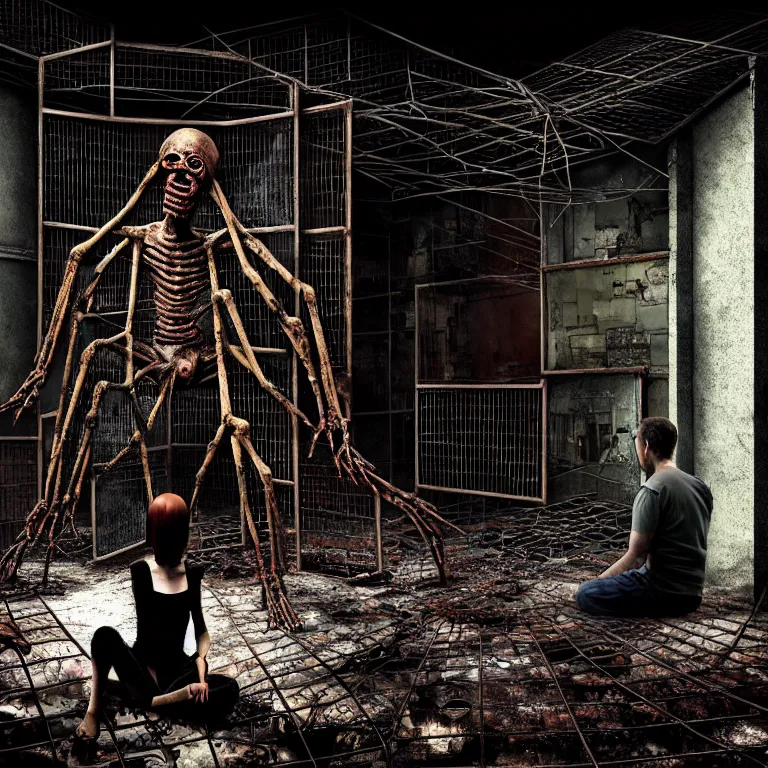 Image similar to Creepy huge suffering humanoid with long limbs sits on the floor and looks at the little old TV. An underground very dark gloomy multi-layered structure of rusty thick iron grates, dense chain-link fencing and peeling walls. Inside view, collapsed floors, bent rusted iron, masterpiece, black background, corners, cinematic, hyperdetailed, photorealistic, hyperrealism, octane render, 8k, depth of field, bokeh, architecture, shadows