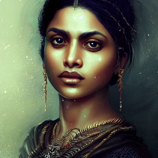 Prompt: portrait of a srilankan woman, dreamy, fantasy, pain, gritty, intricate, elegant, highly detailed, digital painting, artstation, concept art, matte, sharp focus, illustration, octane render, unreal engine, art by aenaluck and roberto ferri and greg rutkowski, epic fantasy, digital painting