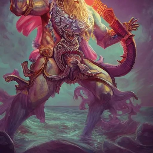 Image similar to poseidon, d & d style, trending on artstation, colorful, intricate,