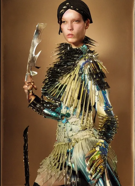 Image similar to a woman with iridescent skin, pirate weapons, by van herpen, iris