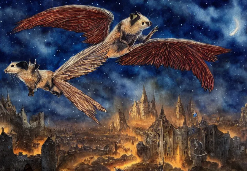 Image similar to the legendary fire winged possum is flying over a medieval castle under the dark starred sky, dark fantasy, watercolor, dreaming illusion, highly detailed, 4k, trending on Artstation, award-winning