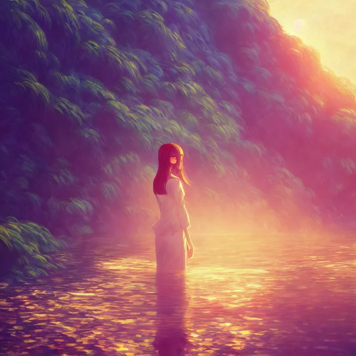 Image similar to an epic makoto shinkai and renoir landscape with a hawaiian waterfall, golden hour, 🌺, a beautiful woman with long hair, ultra smooth, octane render, lois van baarle, ilya kuvshinov