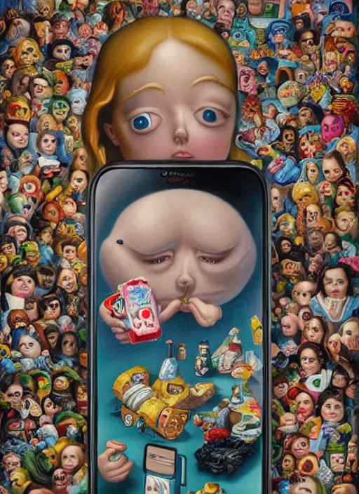 Image similar to people see a smartphone as a trash Mark Ryden and Alex Gross, Todd Schorr highly detailed