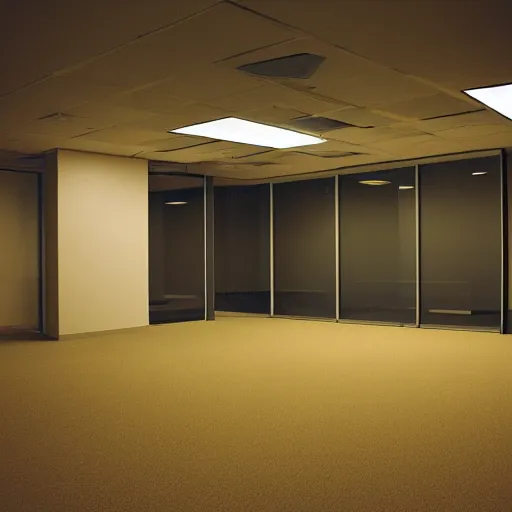 Prompt: an empty office space at night, eerie atmosphere, yellow hue