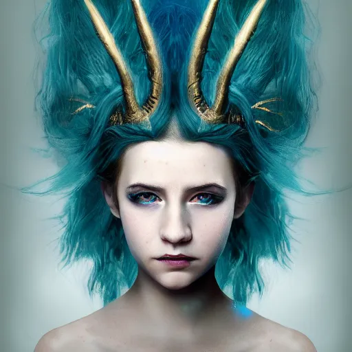 Image similar to The dragon girl portrait, portrait of young girl half dragon half human, dragon girl, dragon skin, dragon eyes, dragon crown, blue hair, long hair, highly detailed, cinematic lighting, by David Lynch and Sofia Coppola