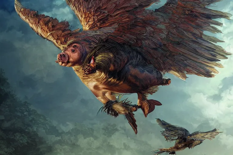 Prompt: a pig with feathered wings, flying above a tropical forest, HD, illustration, epic, D&D, fantasy, intricate, elegant, highly detailed, digital painting, artstation, concept art, smooth, sharp focus, illustration, wallpaper, art by artgerm and greg rutkowski and alphonse mucha and jin xiaodi and anthony devine