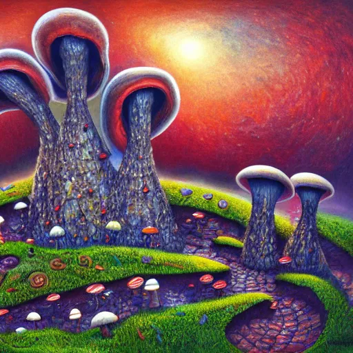 Image similar to mushroom houses spiraling into infinity, abomination, oil painting, highly detailed, 4 k