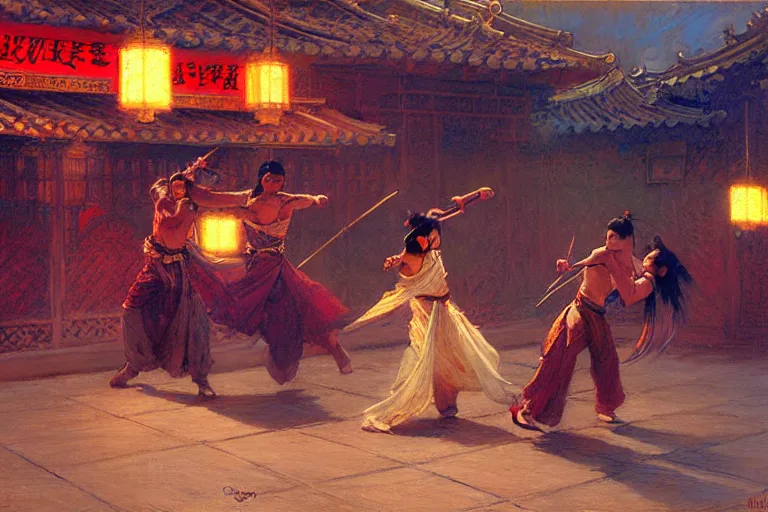 Prompt: wuxia, fight on the roof, neon light, painting by gaston bussiere, craig mullins, j. c. leyendecker