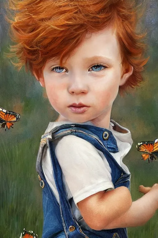 Prompt: a three year old boy with ginger hair wearing denim overalls chasing butterflies. clean elegant painting, beautiful detailed face, lots of butterflies. by magali villanueve and artgerm and greg rutkowski