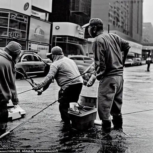 Image similar to closeup portrait of a group of fishermen trying to fish with fishing rods in between car traffic in rainy new york street, by David Lazar, natural light, detailed face, CANON Eos C300, ƒ1.8, 35mm, 8K, medium-format print