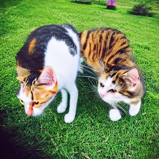 Image similar to 3 cats ( two calico and one tabby ) enjoying fancy english tea together, flickr explore