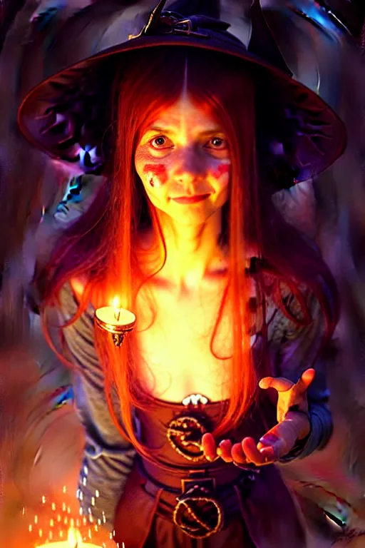 Image similar to cute girl witch portrait by anna podedworna, greg rutkowski, gaston bussiere, simon bisley