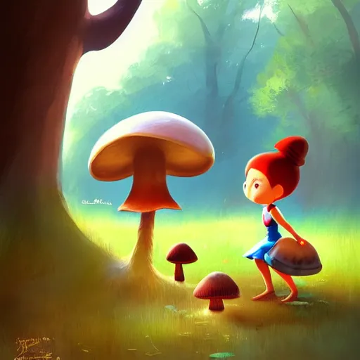 Image similar to goro fujita ilustration a cheerful girl collecting mushrooms in the forest, characterized by blackshear thomas, character art, sharp focus, highly detailed, artstation