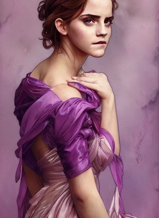 Image similar to emma watson wearing revealing pink and purple silk dress with flounces. beautiful detailed face. by artgerm and greg rutkowski and alphonse mucha