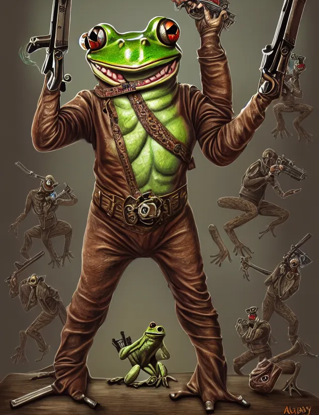 Prompt: anthropomorphic bipedal frog that is dressed as a medieval librarian, and dual wielding revolver pistols, as a matte oil painting and d & d character art, by alex grey, fantasy, standing, fullbody, ornate, gears, concept art, award - winning, extremely detailed, sharp focus