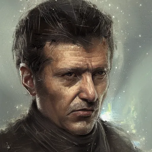 Image similar to Portrait of a man by Greg Rutkowski, he is about 50 years old, his features are a mixture between polish and persian, messy black short hair, tall and slim, tired expression, respectable authority figure, he is wearing a futuristic space gear, highly detailed portrait, scifi, digital painting, artstation, concept art, smooth, sharp foccus ilustration, Artstation HQ.