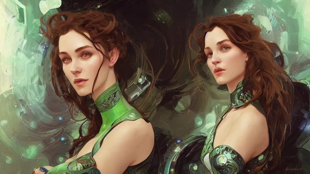 Image similar to Portrait of very very very very very very beautiful woman, spacesuit, green eyes, intricate, elegant, highly detailed, digital painting, artstation, concept art, smooth, sharp focus, illustration, art by felix kelly and greg rutkowski and alphonse mucha