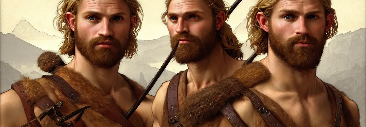 Prompt: renaissance upper body portrait of a gruff ranger with a spear, Blonde Scandinavian, lean and toned, handsome face, hairy chest, D&D, intricate, elegant, highly detailed, digital painting, artstation, concept art, matte, sharp focus, illustration, art by da Vinci, Artgerm and Greg Rutkowski and Alphonse Mucha