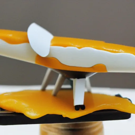 Prompt: a plane made of cheese, in air