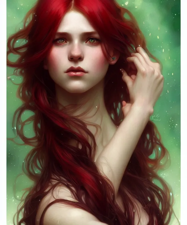 Image similar to Fae teenage girl, portrait, face, long red hair with green highlights, fantasy, intricate, elegant, highly detailed, digital painting, artstation, concept art, smooth, sharp focus, illustration, art by artgerm and greg rutkowski and alphonse mucha