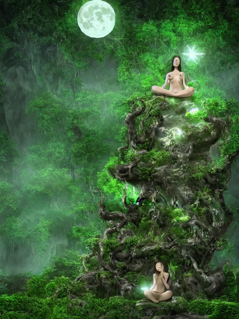 Image similar to an ancient mystical alluring female witch generating flowing energy and surrounded by wisps of green magic sits meditating in a magical overgrown garden temple, large full moon in sky, 3 d, cinema 4 d render, trending on artstation