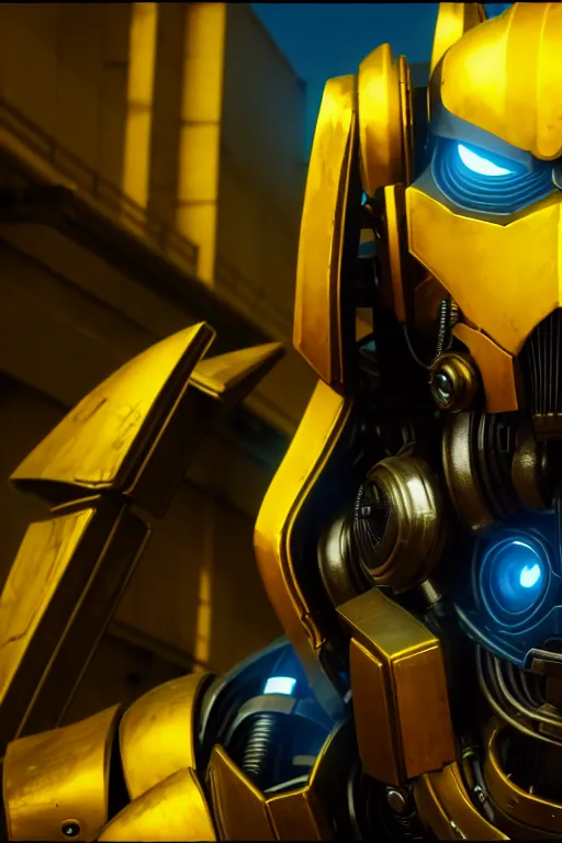 Prompt: a cinematic still from bumblebee movie, yellow mech, humanoid servo, octane render, nvidia raytracing demo, masterpiece, aged armor plating, aggressive head,