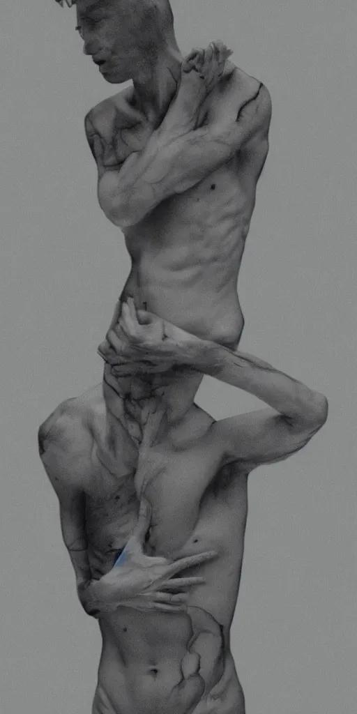 Prompt: a man slipping into madness, human body, detailed, in the style of jesse draxler.