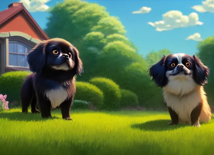 Image similar to a wholesome animation key shot of a black tibetan spaniel, suburban yard in the background, open window in the foreground, studio ghibli, pixar and disney animation, sharp, rendered in unreal engine 5, anime key art by greg rutkowski, bloom, dramatic lighting