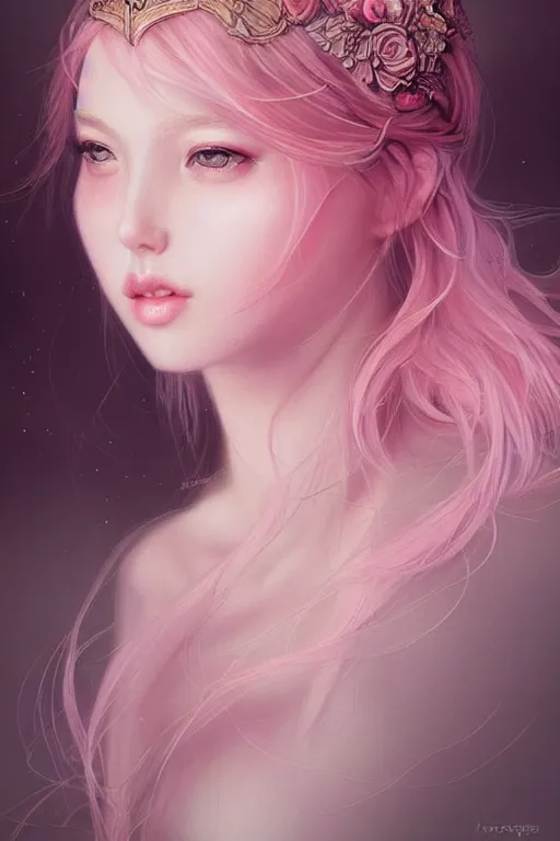 Prompt: Soft Portrait of a goddess of love, pastel pink, dark fantasy, intricate, elegant, highly detailed, photographic, full-body portrait, artstation, concept art, smooth, sharp focus, art by artgerm