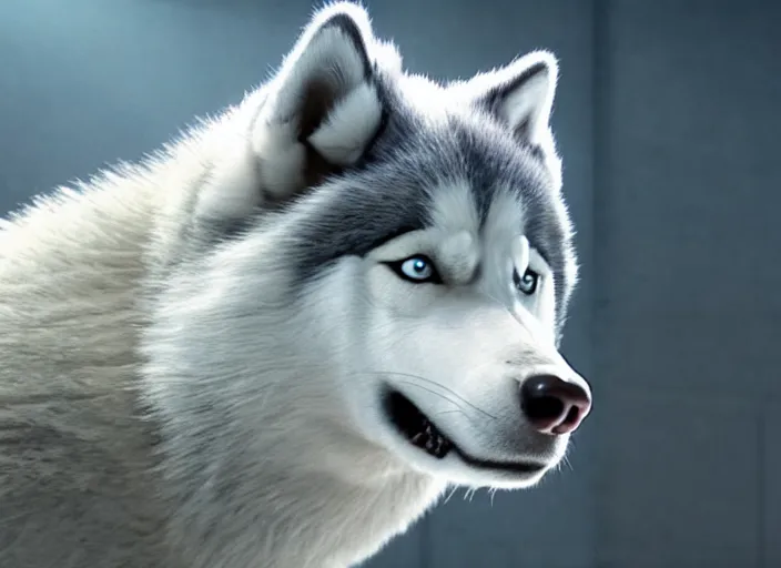 Prompt: film still of an anthropomorphic husky in a white vest in the new sci - fi movie, 8 k