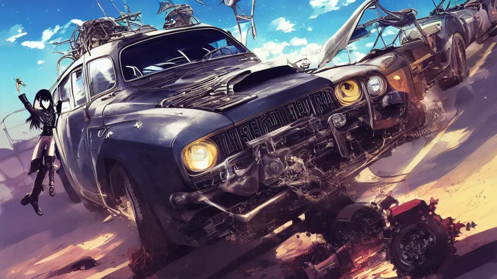 Image similar to anime illustration of mad max's fj 4 0 pursuit special, the last v 8 interceptor driving down to the gates of valhalla highway, riding fury road eternal shiny and chrome, world of fire and blood, by makoto shinkai, ilya kuvshinov, lois van baarle, rossdraws, basquiat, global illumination ray tracing hdr