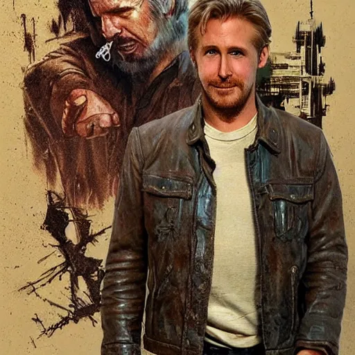 Image similar to a highly detailed epic cinematic concept art CG render digital painting artwork costume design: Harrison Ford/Ryan Gosling, old scars, long hair, grizzled, tired, with a bottle of vodka, in an old 1950s leather jacket. By Greg Rutkowski, Ilya Kuvshinov, WLOP, Stanley Artgerm Lau, Ruan Jia and Fenghua Zhong, trending on ArtStation, made in Maya, Blender and Photoshop, octane render, excellent composition, cinematic atmosphere, dynamic dramatic cinematic lighting, aesthetic, very inspirational, arthouse