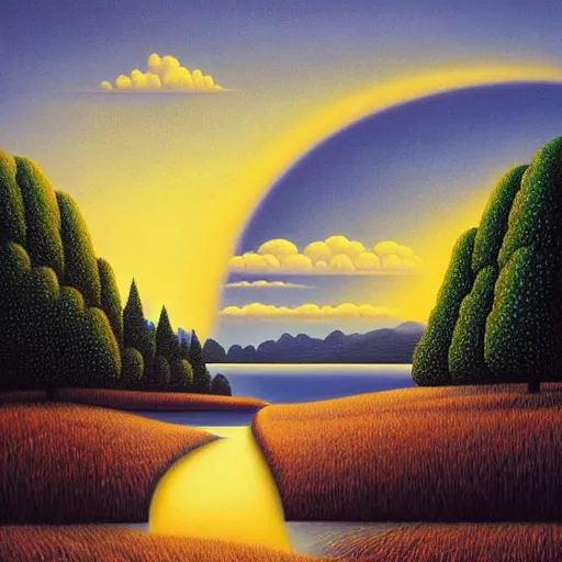 Image similar to a painting of an unimaginably beautiful landscape at golden hour, an ultrafine detailed painting by rafal olbinski, behance contest winner, pop surrealism, detailed painting, very detailed, minimalist, skeuomorphic, airbrush art