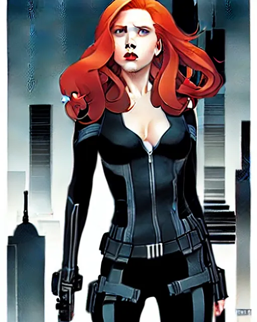 Image similar to phil noto comicbook cover art, black widow marvel, symmetrical eyes, long red hair, full body, city rooftop