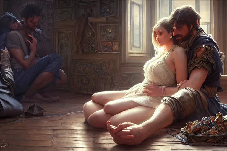 Image similar to close up of man and woman sitting on the floor while hugging each other in the living room, deep focus, d & d, fantasy, intricate, elegant, highly detailed, digital painting, artstation, concept art, matte, sharp focus, illustration, hearthstone, art by artgerm and greg rutkowski and alphonse mucha