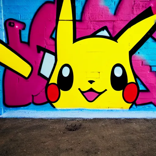 Image similar to graffiti pikachu on the wall, wide angle lens