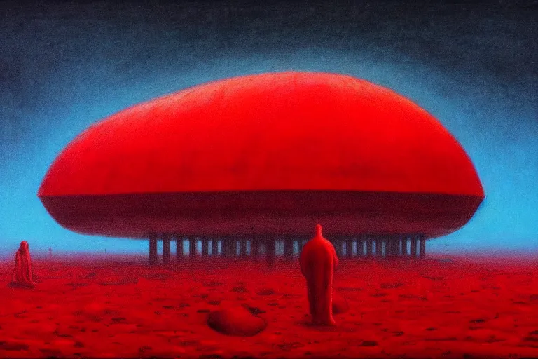 Image similar to only with red, red god of death eat apple, a futuristic city on mars in the background, red worms on the floor, in the style of beksinski, part by hopper, part by rodcenko, part by hofbauer, intricate composition, red by caravaggio, insanely quality, highly detailed, masterpiece, red light, artstation, 8 k