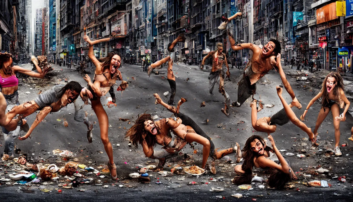 Prompt: in a dirty city street disheveled male and female supermodels fight, sweating laughing, over piles half eaten rotting fast food, money thrown and floats in the air, hyper realistic photo, full colour, upscale, 8 k, masterpiece,