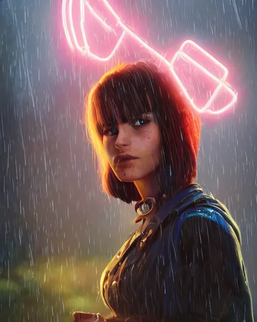 Image similar to An epic fantasy comic book style portrait painting of a very beautiful imposing Industrial goth Dora The Explorer in the rain, wet hair, neon reflections, character design by Mark Ryden and Pixar and Hayao Miyazaki, unreal 5, DAZ, hyperrealistic, octane render, cosplay, RPG portrait, dynamic lighting, intricate detail, cinematic