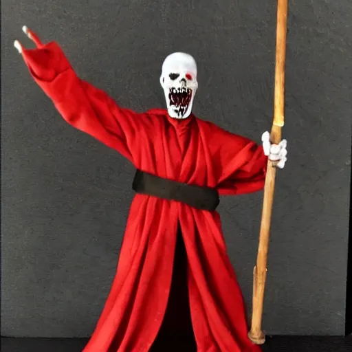 Image similar to an image of a 7 foot tall zombie lord in red robes holding a scythe