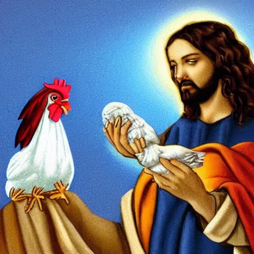 Prompt: jesus handing over a chicken to you as a present