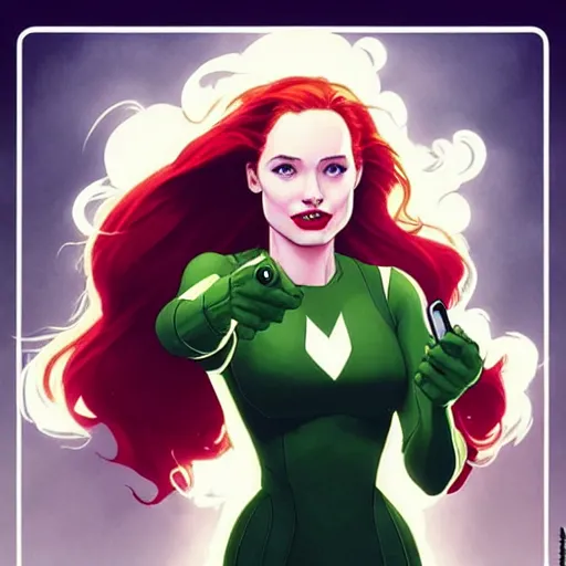 Prompt: Rafeal Albuquerque comic art, Joshua Middleton comic art, pretty female Madelaine Petsch Rogue x-men marvel taking a selfie, big smirk, symmetrical face, symmetrical eyes, long red hair white streak hair, full body, flying in the air:: battlefield background::5 sunny weather::