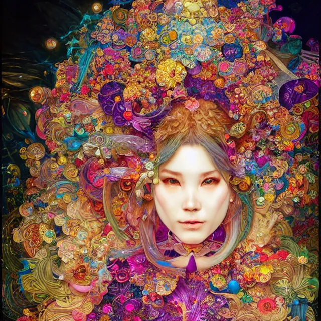 Prompt: Satoshi Nakamoto made with fractal gems, fractal crystals, very intricate, hyper realistic, octane render, very colorful, vibrant, cinematic, amazing details, by james jean, by brian froud, by ross tran, by alphonse mucha