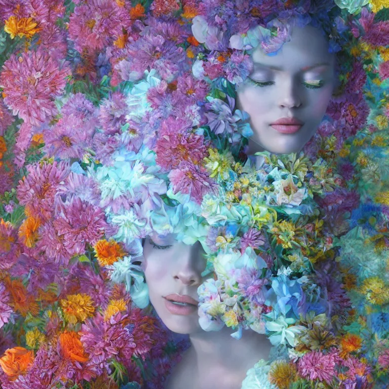 Image similar to a beautiful oil painting hyperrealism of a beautiful woman covered in flower bouquets, floral headdress, 8 k resolution, octane render, trending on artstation, by gediminas pranckevicius, volumetric light 2 blue fractal thunder glow by dan mumford, anaglyph effect, laurie lipton