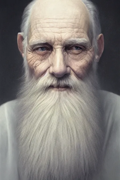 Image similar to a stunning ultra realistic fine art painting of a content old man with a long gray beard, peaceful and graceful, by tom bagshaw, studio portrait, muted colors, melancholic, catchlight in the eyes, 4K